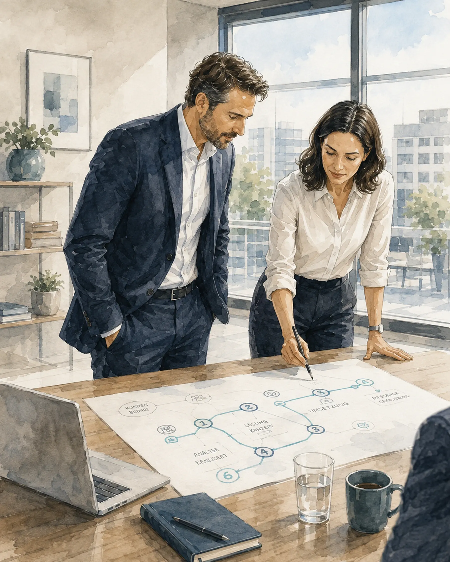 Illustration: Unternehmer und Führungskraft arbeiten am Besprechungstisch gemeinsam an einem Ablauf – Sinnbild für Klarheit in Entscheidungen und Prioritäten.