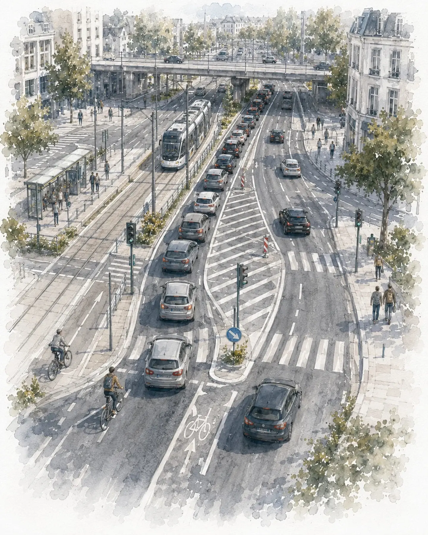 Illustration einer komplexen Kreuzung als Symbol für Rollendruck, Erwartungen und Entscheidungen im Führungskräfte-Coaching.