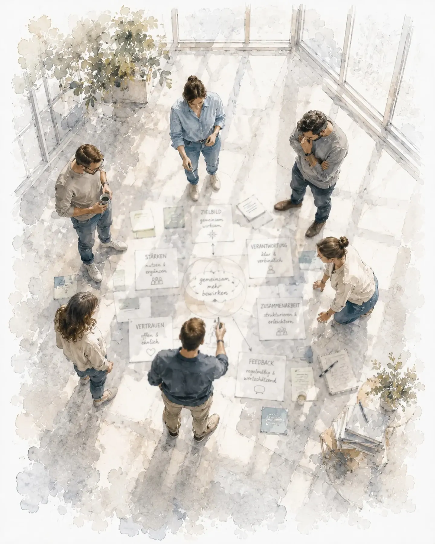Illustration einer Teamsituation als Symbol für Arbeitsfähigkeit, Verantwortung und Zusammenarbeit.