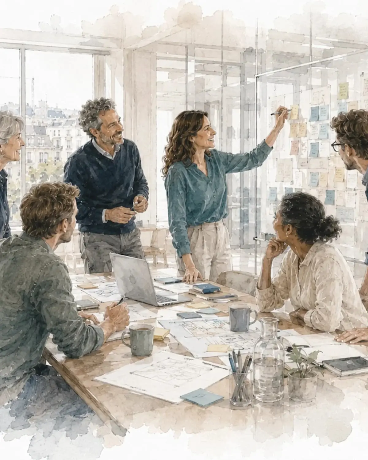 Illustration eines Teams im Gespräch als Symbol für Teamentwicklung, Teamcoaching und Konfliktmoderation.